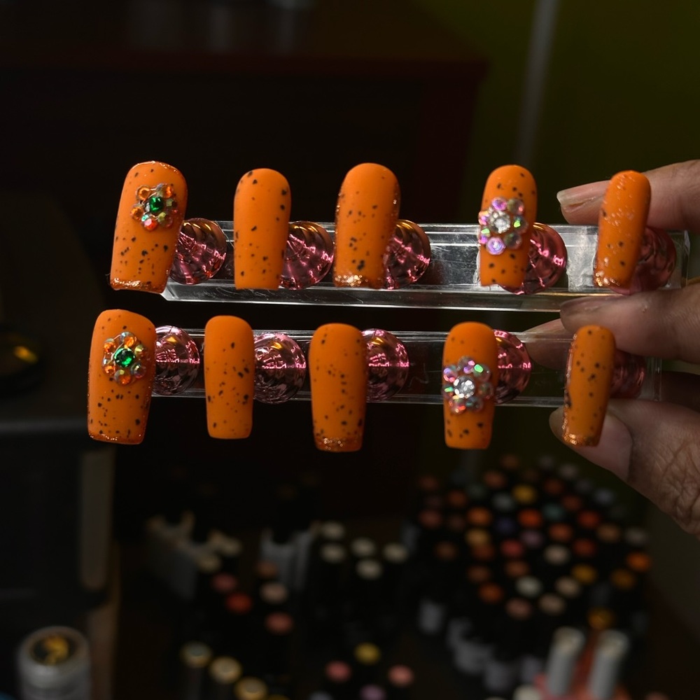Matte Orange Speckled Luxury Press on Nails with rhinestones
